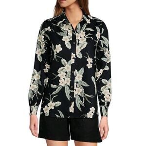 Lands' End Large 14/16 black floral linen long sleeve oversized shirt